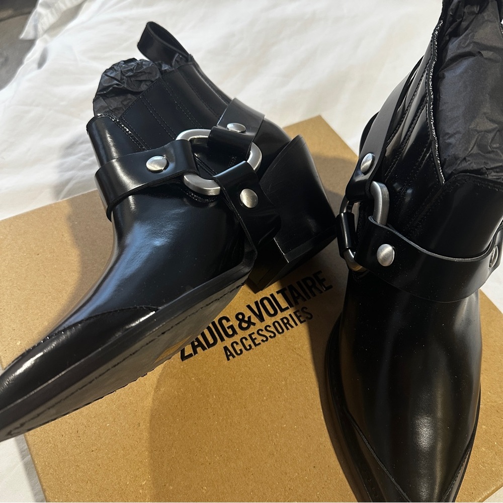 NEW in BOX ZADIG & VOLTAIRE Black N’Dricks Glossy Ankle Boots reg $558 Sz 38 - Picture 10 of 15